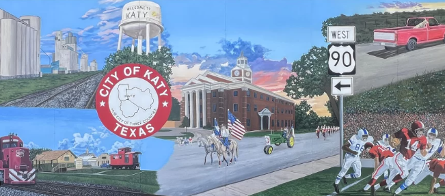 City of Katy Texas mural — water tower rice silos railroad city hall — family law attorney Katy TX