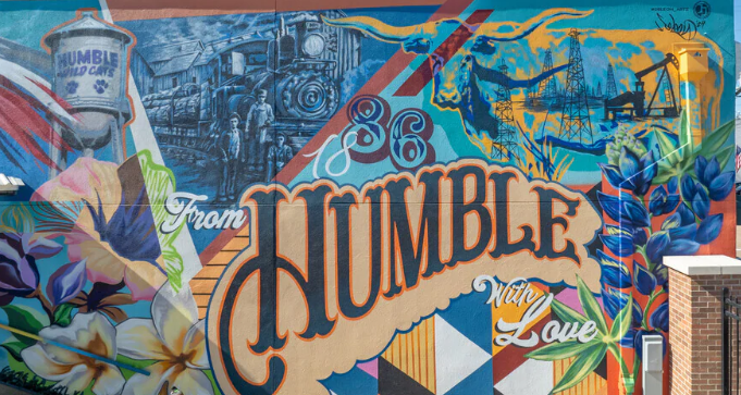 From Humble With Love mural oil derricks water tower — family law attorney Humble TX