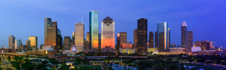 Houston Texas panoramic skyline at blue hour — family law attorney Houston TX serving all neighborhoods and Harris County