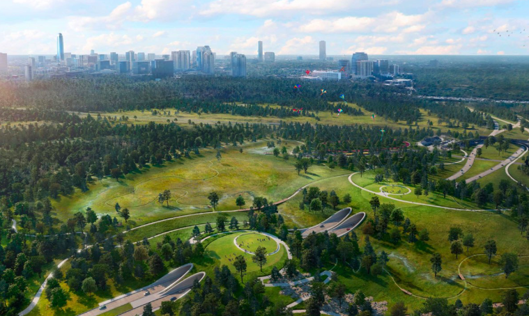 Memorial Park aerial view Houston Texas with skyline — family law attorney Houston TX serving Memorial and Memorial Villages