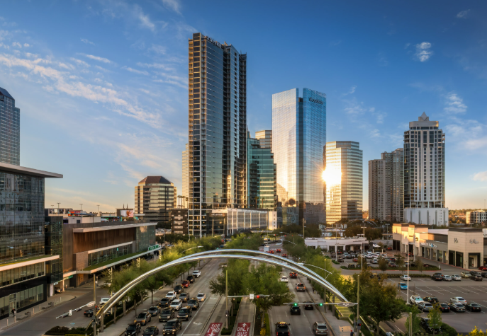 Uptown Houston Galleria skyline at golden hour — family law attorney Houston TX serving Galleria and Uptown Houston divorce cases