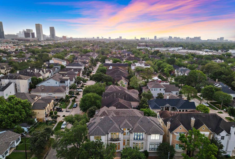 West University Place Houston Texas aerial view at sunset — family law attorney Houston TX serving West U divorce and custody cases