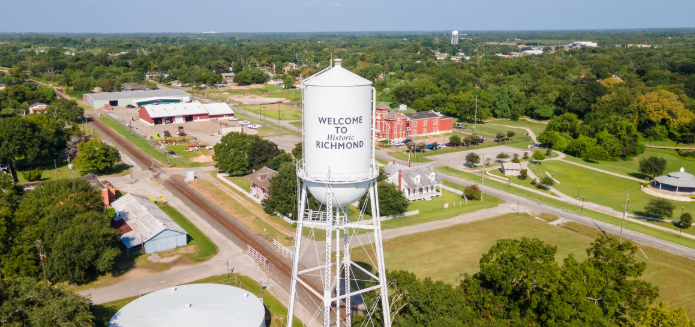 Welcome to Historic Richmond Texas water tower aerial &mdash; family law attorney Richmond TX Fort Bend County